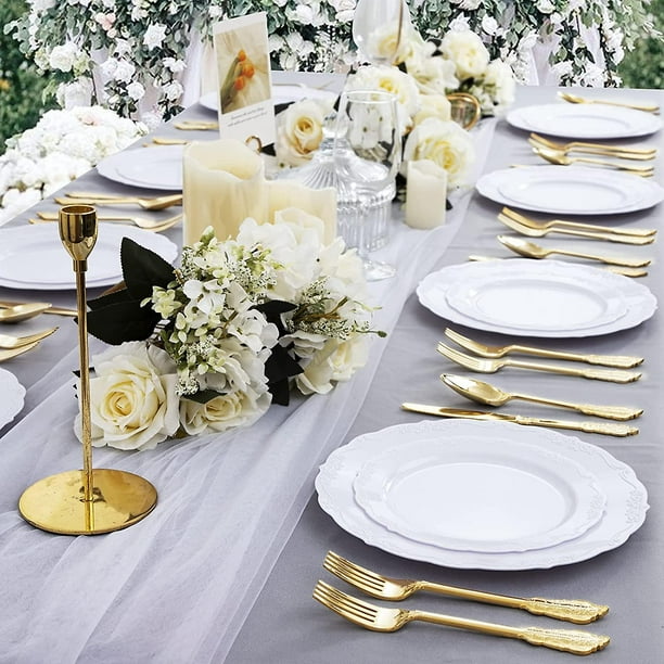 KIRE 60 platos desechables blancos – Platos de plástico blanco resistentes  para fiestas/bodas – Incluye 30 platos llanos blancos de 10.25 pulgadas y