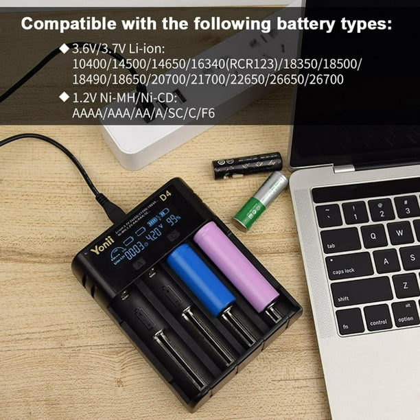 Cargador de batería 18650 4 cargador universal separado para batería  recargable de iones de litio de 3.7 V 18650 18490 18350 16340 14500 21700