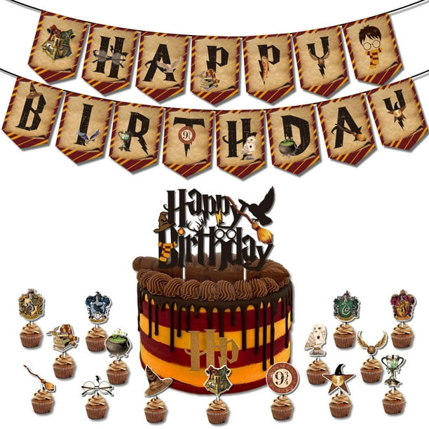  Cartel de feliz cumpleaños de Harry Potter, suministros de  fiesta, decoración de pastel de feliz cumpleaños, guirnalda de fieltro para  decoración de fiesta : Juguetes y Juegos