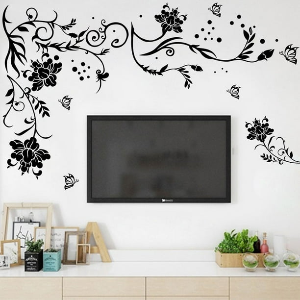 Vinilo adhesivo para pared, diseño de flores, ramas, jardín, decoración de  habitación, decoración grande (1360ig), color negro