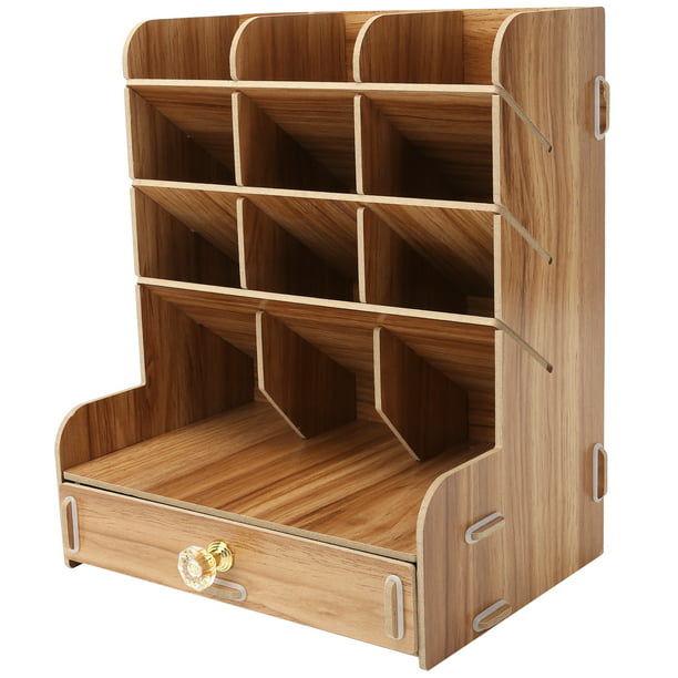 Estantería de escritorio de madera, portalápices multifunción, caja de  papelería para uso en el hogar y la Oficina, Color madera de cerezo