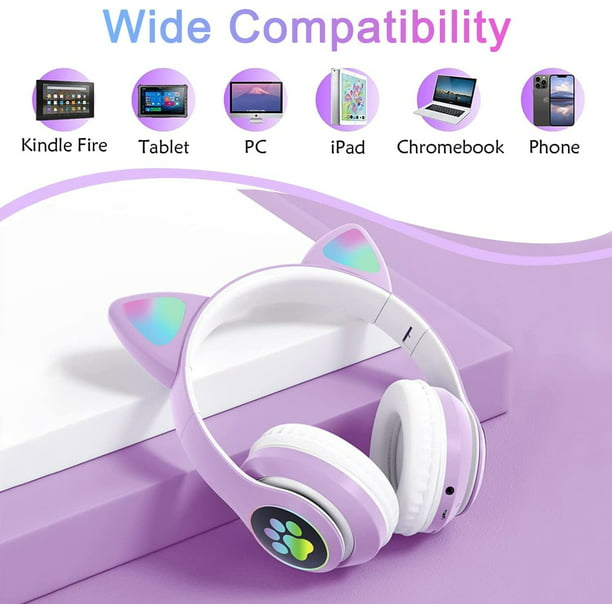 Auriculares para niños con micrófono, auriculares inalámbricos Bluetooth  para niñas y niños con orejas de gato LED, auriculares plegables para niños