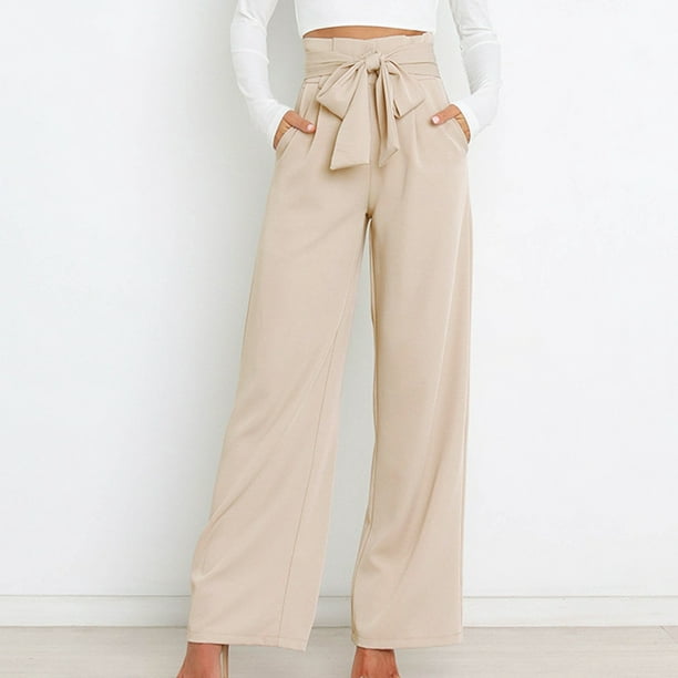  Pantalones anchos de cintura alta para mujer, pantalones largos  rectos holgados de color sólido con cintura, F3-beige : Ropa, Zapatos y  Joyería