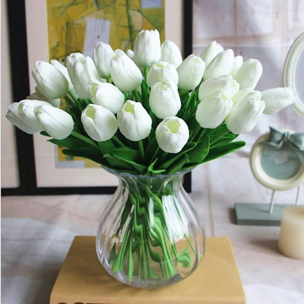 Tulipanes falsos de PU, flores artificiales de tacto Real, 10 Uds., ramo de  arreglos florales para el hogar, oficina, decoración de boda (blanco)  Sincero Hogar