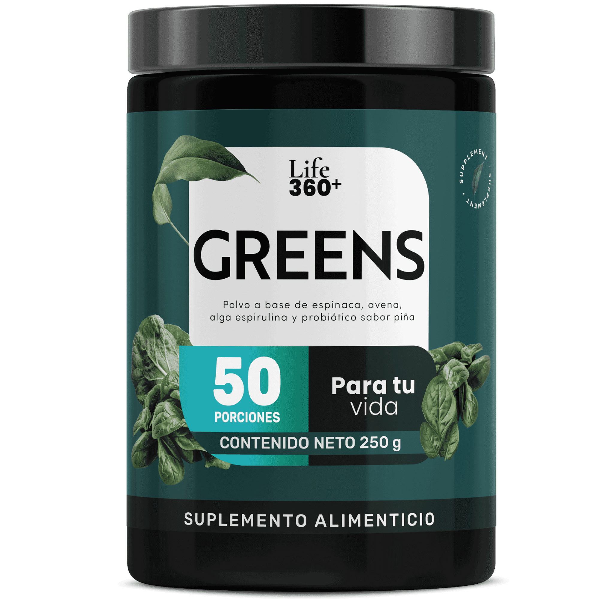 Suplemento greens polvo verde fibra life360+ espinaca, espirulina, arándano, resveratrol, prebióticos y probióticos 50 porciones