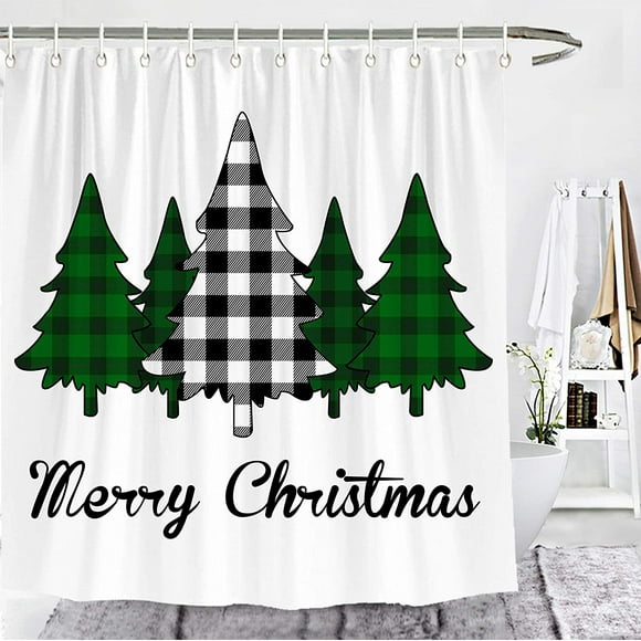 feliz navidad buffalo check plaid trees cortina de ducha decoración de baño de granja con ganchos negro blanco rojo verde