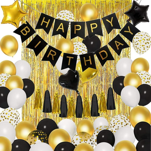 Liangnv Decoración de fiesta de cumpleaños número 18 en oro negro, pancarta  de feliz cumpleaños, globo de aluminio número 18, cortina de 2 flecos,  globo de confeti de látex, me YONGSHENG 8390611694500