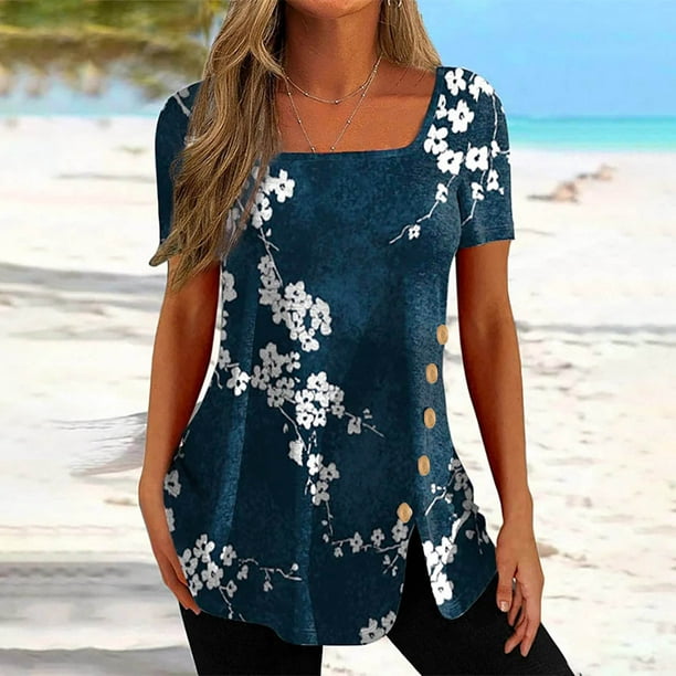 Puntoco moda mujer causal impresión blusa manga corta camiseta verano botón  tops Puntoco Puntoco-2860