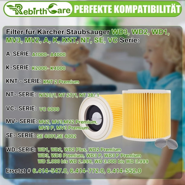 Paquete de 2 filtros de cartucho para Kärcher WD3 Premium, WD2, WD3, WD3P,  MV2, MV3 - Filtro WD3 - Filtro de repuesto para aspiradora Kärcher