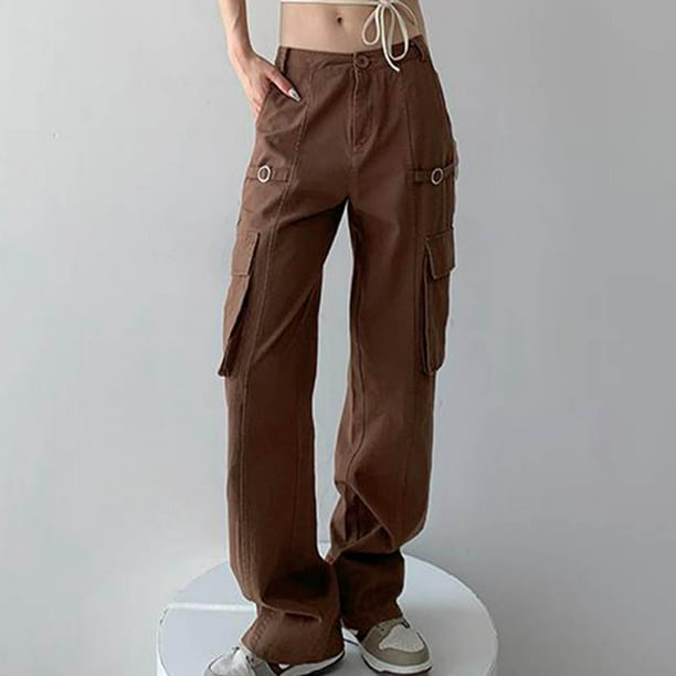  Pantalones cargo para mujer, rectos, de cintura alta