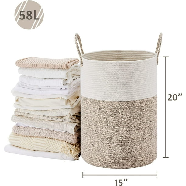 Cesto de ropa sucia grande blanco y marrón de 58 l, cesta de almacenamiento  de cuerda tejida alta para mantas, juguetes, ropa sucia en la sala de