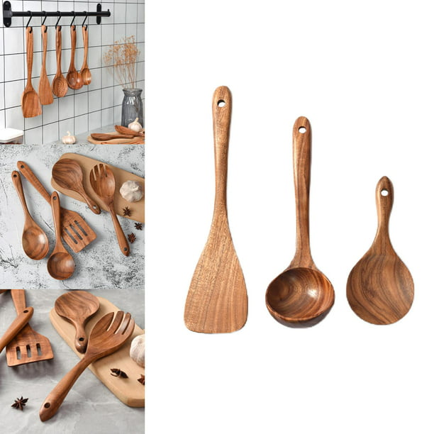 Cucharas de madera para cocinar, juego de 10 utensilios de cocina de madera  de teca, utensilios de cocina de madera para sartenes antiadherentes y