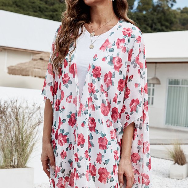 Kimono para mujer, traje de baño de playa, cárdigan de gasa, estampado  floral de verano Fridja hkj2131