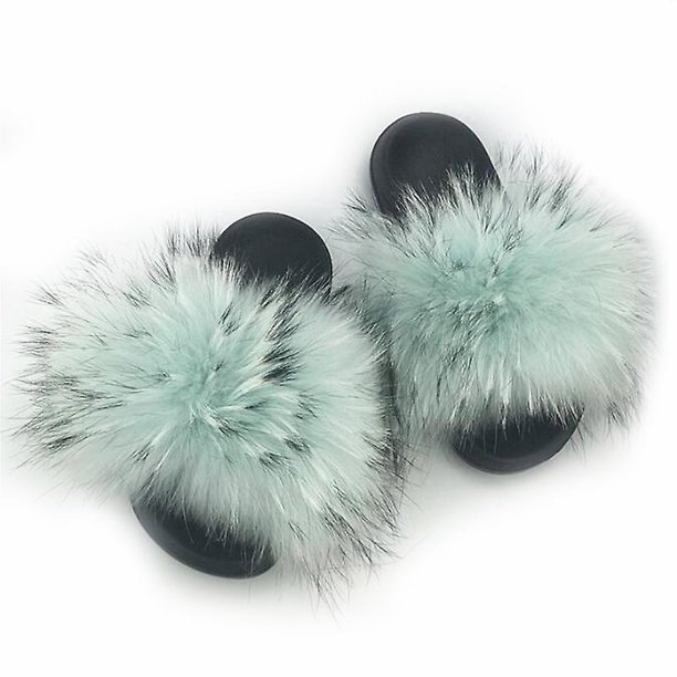 Mimigo Womens Luxury Real Raccoon Fur Slides Slippers Furry