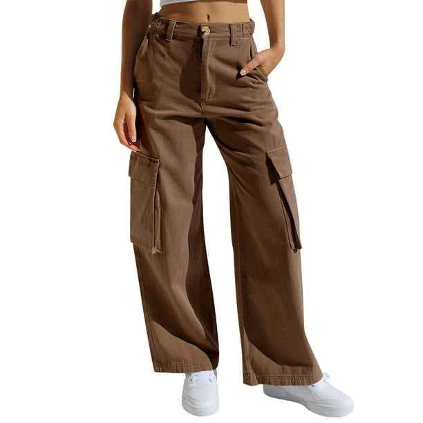 Gibobby Pantalones tipo cargo mujer Pantalones casuales de jeans de trabajo  con múltiples bolsillos de color sólido para mujer(Café,XL)