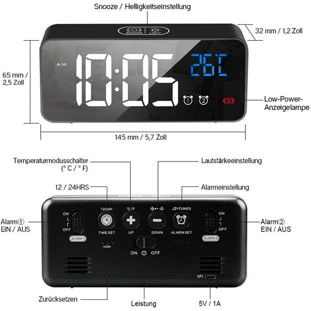 Reloj De Sobremesa Con Espejo, Digital, Led, 3 Niveles De Br