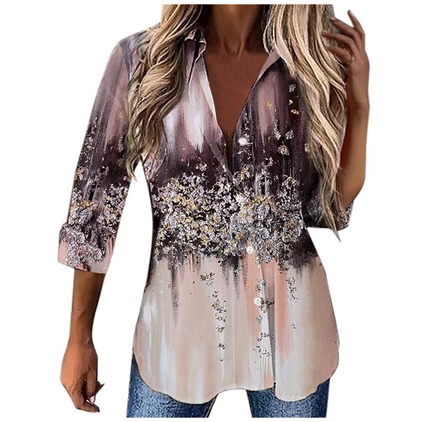 Tops para mujer Camisas Blusas Elegantes Camisas casuales de manga larga  Estampado de moda Cuello vuelto Camisa con botones Odeerbi ODB-5