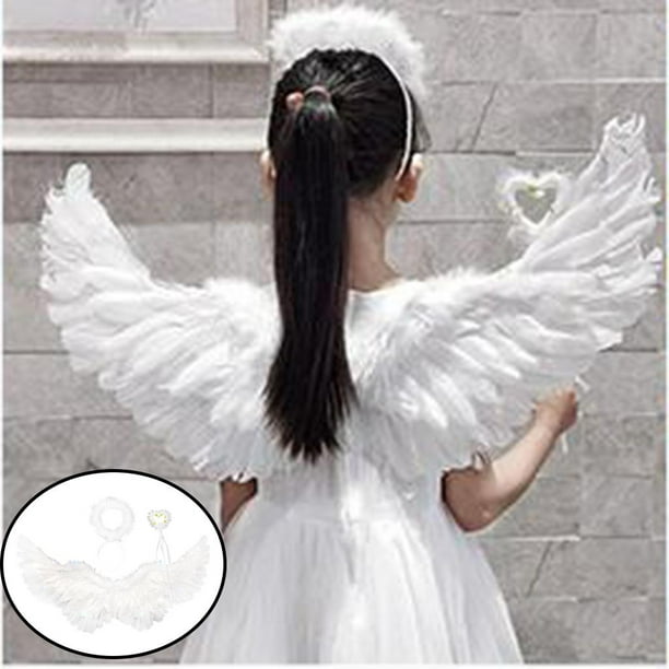 Alas de Ángel y Halo para adultos, disfraz de alas de Ángel de plumas  blancas para niños, disfraces de Cosplay de Halloween para mujeres y niñas,  2 piezas - AliExpress