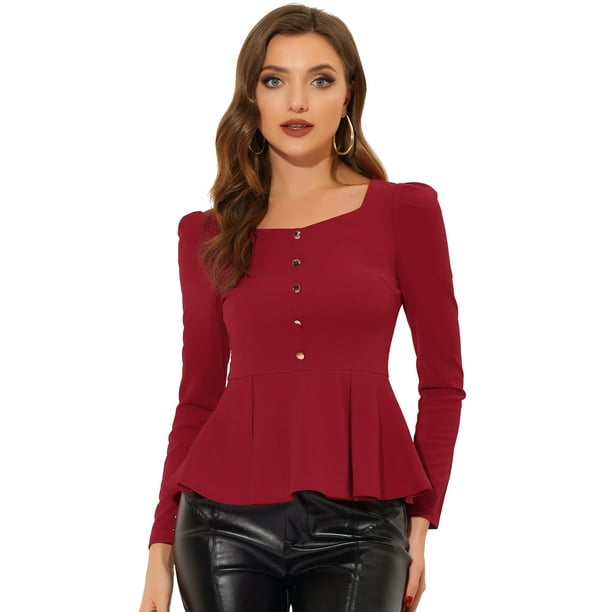 Blusa de larga de punto con peplum en la parte delantera y con cuello cuadrado para mujer rojo L Unique Bargains Blusa | Walmart en línea
