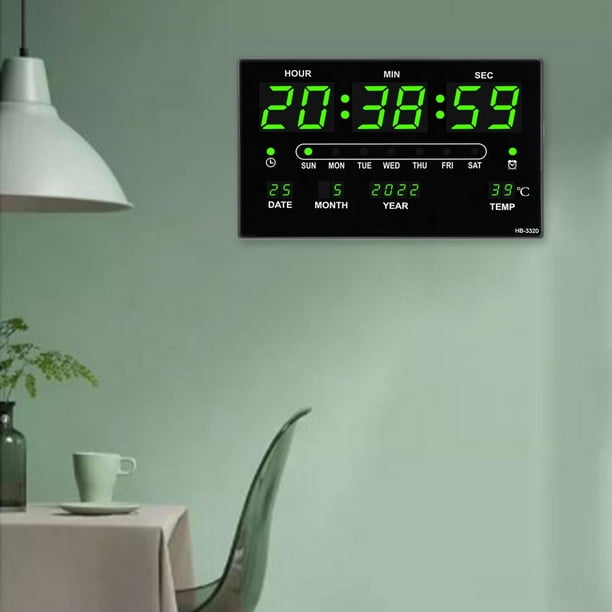 Reloj de pared Digital grande moderno con fecha, , , temperatura interior,  calendario silencioso, reloj despertador para adultos mayores, verde  Sunnimix reloj digital grande