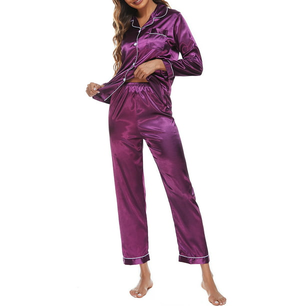 Conjunto de pijamas para mujer, larga, cuello con muescas, botones, pijama de satén suave Irfora Pijamas Mujer | Walmart en línea