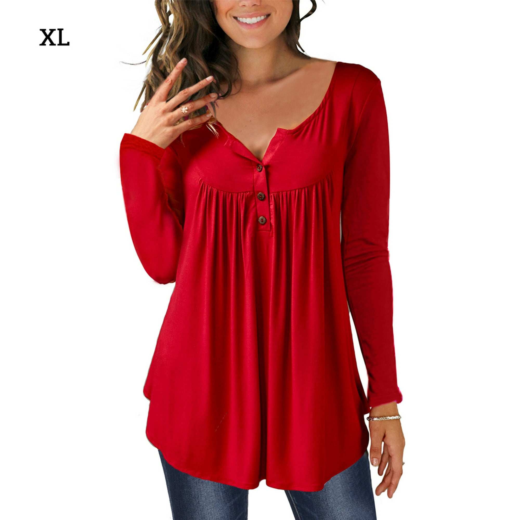 Camisa de mujer Botón plisado suelta Camiseta de manga Top, rojo vino, XL Inevent AP000668-04 | Bodega Aurrera en línea