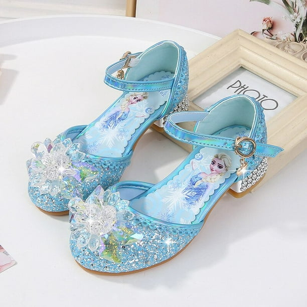 Disney niñas tacones altos primavera nuevos zapatos de cristal para niños  zapatos de cuero de baile niñas pequeñas frozen elsa solo shoes35-Insole  22CM Gao Jinjia LED