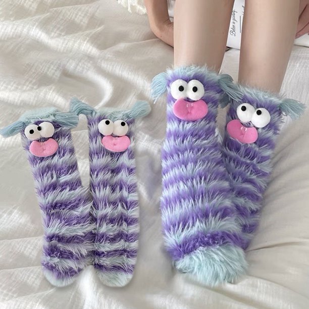 1 par de calcetines de pantorrilla con dibujos animados, divertidos  calcetines borrosos para niñas, mujeres, adultos y niños Ygjytge mano  amarilla y morada