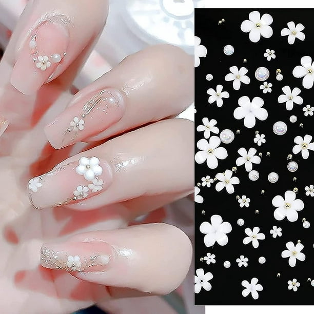 Decoración de uñas de flores, perlas florales blancas, lentejuelas de  resina con purpurina, cinco pétalos de flores, diseño de diamantes de  imitación
