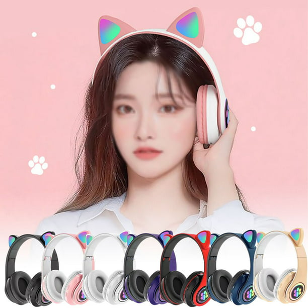 Auriculares inalámbricos con orejas de gato, cascos con luz Flash, control  de micrófono, estéreo LED, música