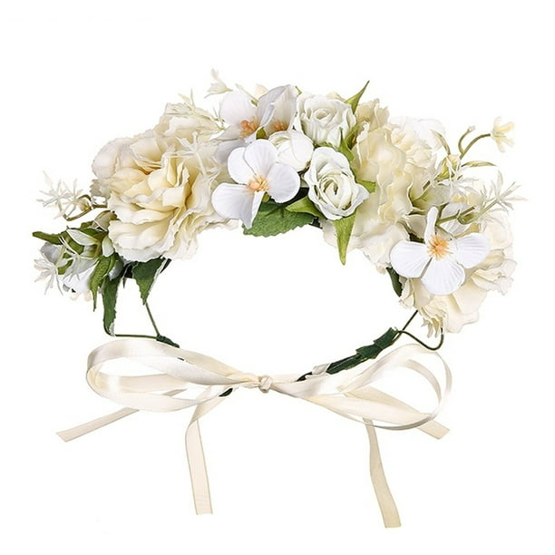 Corona de flores para niña, diadema floral para boda, guirnalda para mujer,  fiesta, fiesta, accesorio de fotos (FC007 corona de flores blancas)