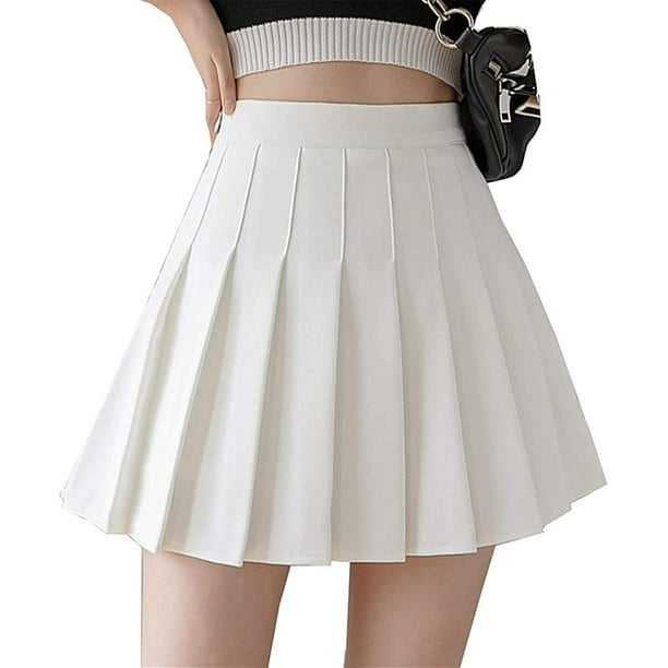 Falda plisada lisa de cintura alta para mujer, uniformes escolares de tenis  para patinadora, minifalda acampanada, pantalones cortos con forro-blanco  Ormromra CZYD-ST66-8