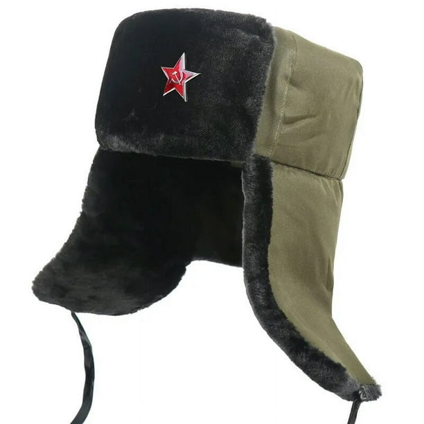 Ushanka-Sombrero ruso de piel para invierno, gorro de soldado extraíble,  cazador, Sombreros con orejeras, aviador con emblema de estrella roja