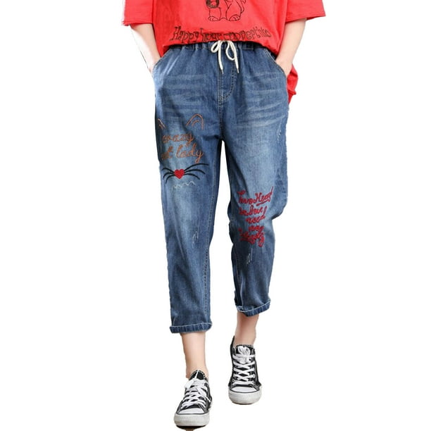 Gibobby Pantalones mezclilla mujer Mujer Casual Cómodo Bordado Literario  Elástico Cintura Alta Corte Pantalones Jeans(Rojo,M)