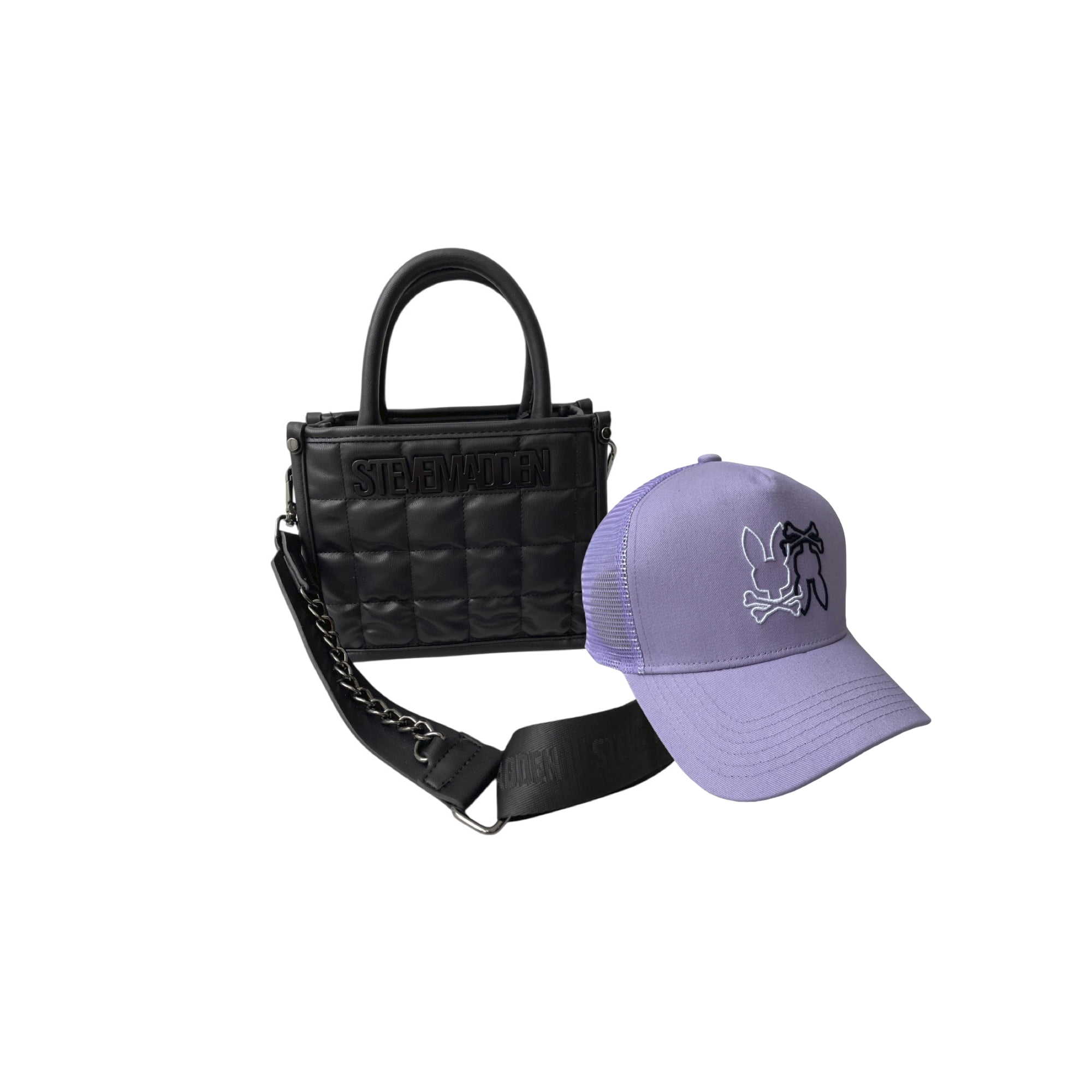 Set bolsa steve madden biniko black + gorra psycho bunny lila