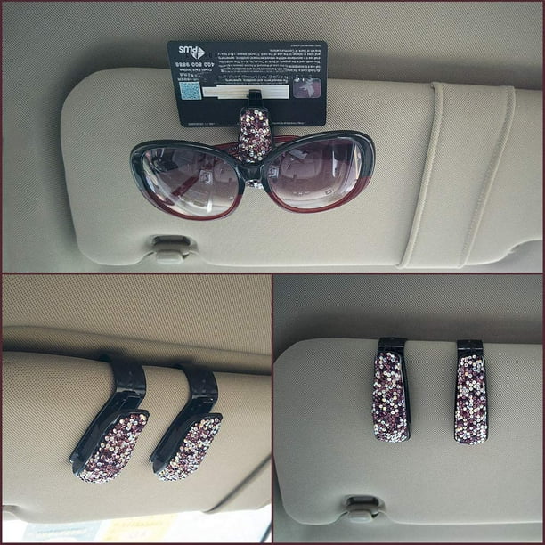 Soporte para gafas de sol para parasol de coche, paquete de 2 soportes para  gafas, soporte para gafas para coche con diamantes de imitación brillantes,  clip para tarjeta de entrada de cristal