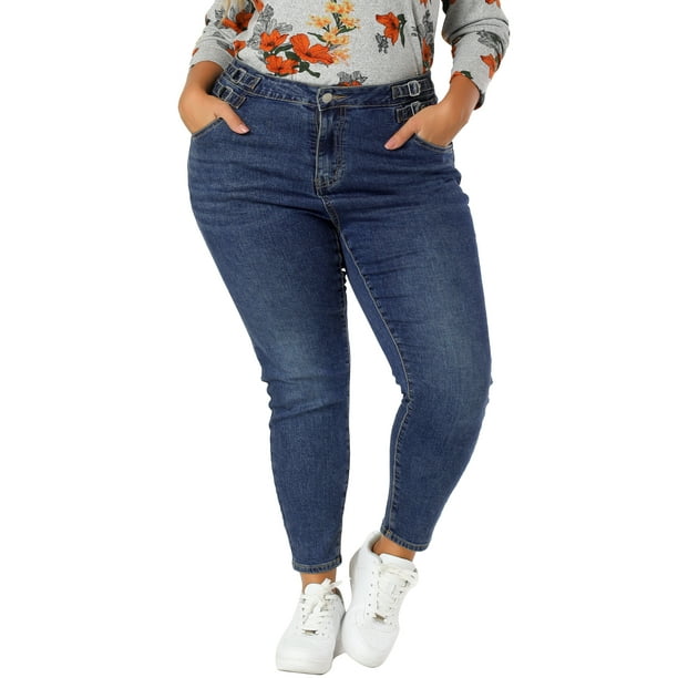 Jean de talla grande para mujer, cintura alta, hebilla, decoración,  bolsillo oblicuo, trabajo, estiramiento, jeans ajustados de mezclilla  lavados Azul 2X Unique Bargains Pantalones Vaqueros