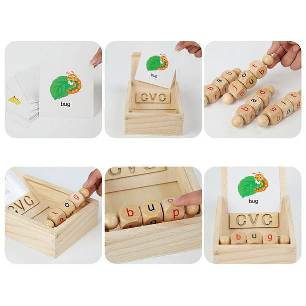 Juguetes Montessori para niños de 2, 3 y 4 años, bloques de lectura de  madera, tarjetas flash, vocales cortas, giratorias, letras a juego, juguete