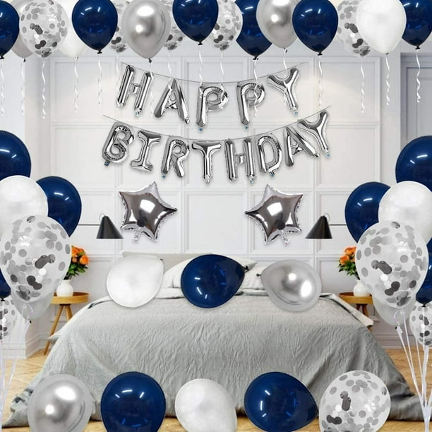 Juego de decoraciones de fiesta de feliz cumpleaños azul marino plateado  para hombres, niños, mujeres, niñas, pancarta, globo de corona, cortinas de