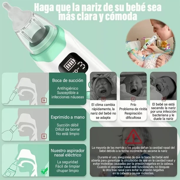 Aspirador nasal para bebés: proporciona una succión nasal segura y limpia  suavemente el moco del bebé. Funciona con pilas con 3 tamaños de puntas de
