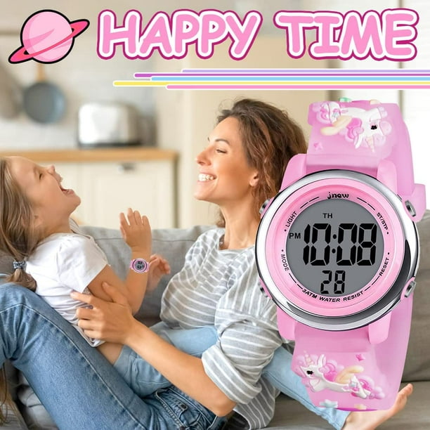 Reloj para niños para niñas, reloj deportivo digital para niños, relojes  electrónicos multifunción impermeables con retroiluminación LED de 7  colores para niños de 3 a 12 años (rosa) JM