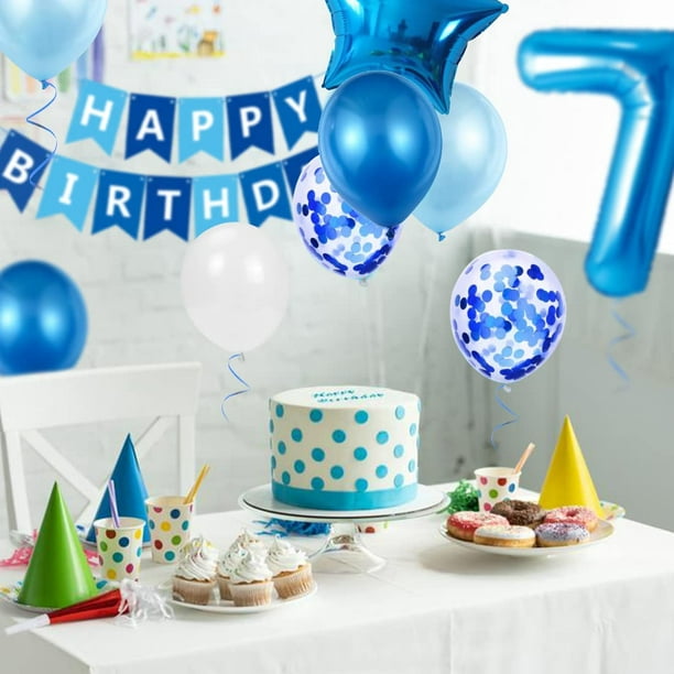 Globo de cumpleaños para niño de 7 años, decoraciones de cumpleaños azules  de 7 años, globos de cumpleaños número 7, globos de confeti de látex,  suministros de decoración para fiesta de bautismo