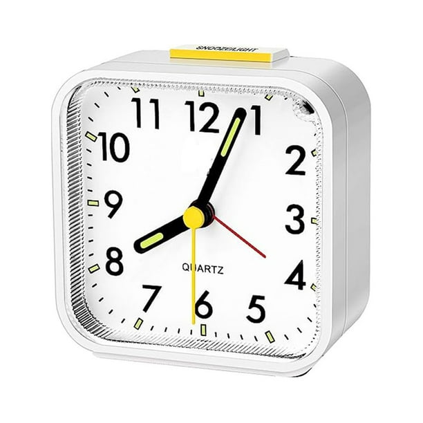 RV (Blanco) Reloj despertador analógico silencioso que no hace tictac,  reloj despertador de cuarzo con función de repetición, luz nocturna, reloj  despertador portátil, funciona con pilas, adecuado para dormitorio, sala de  estar