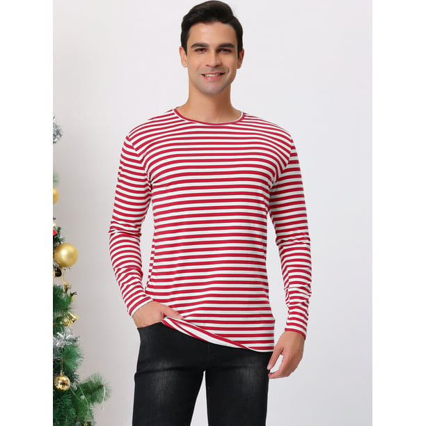 Camisetas para hombre Camiseta de manga larga a rayas rojas y blancas para  hombre Camiseta con cuello redondo colorida a rayas blancas y negras