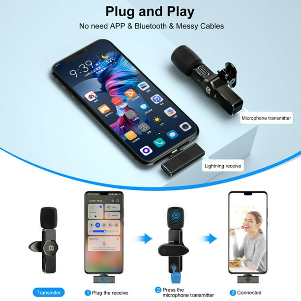 Micrófono de solapa inalámbrico, micrófono inalámbrico para iPhone,  teléfono Android, cámara, sincronización automática con clip Plug & Play y