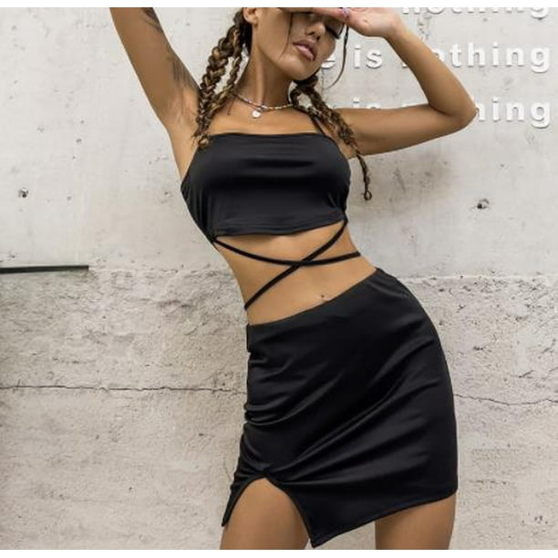 VISgogo Conjuntos de Ropa de Moda para Mujer, Sling Bandage Crop Tank Tops  Cintura Alta Falda Dividida Trajes de Color Sólido VISgogo moda