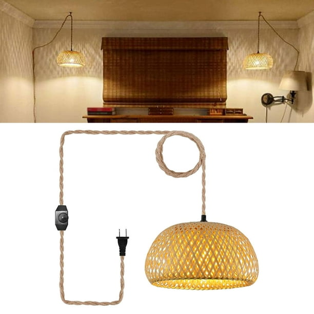 Lámpara colgante enchufable con cable de enchufe, lámpara colgante de ratán  regulable, pantalla de cesta tejida de mimbre, lámpara de techo industrial