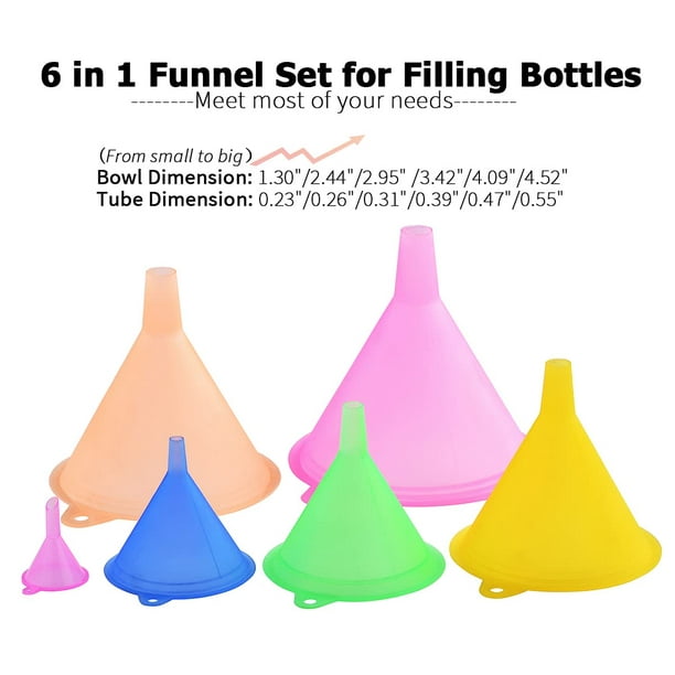 Juego de 6 embudos de color de embudo pequeño, embudos de plástico PP de  grado alimenticio, ideal para botellas de llenado de cocina, líquido