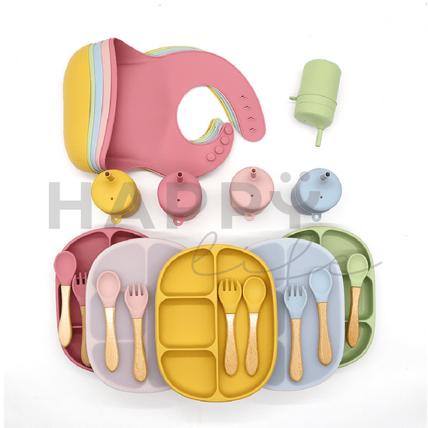 Set con vaso entrenador bebe + platos de bebe + baberos para bebe +  cubiertos I BPA FREE I 5 piezas I Silicona grado alimenticio Happy Life Kit  comida