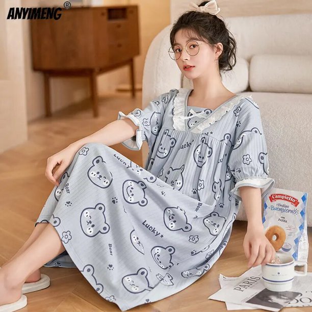 Camisón de cuello de muñeca estilo princesa para mujer, Tops de algodón,  camisas de dormir Kawaii pa El Mercado de Encantos